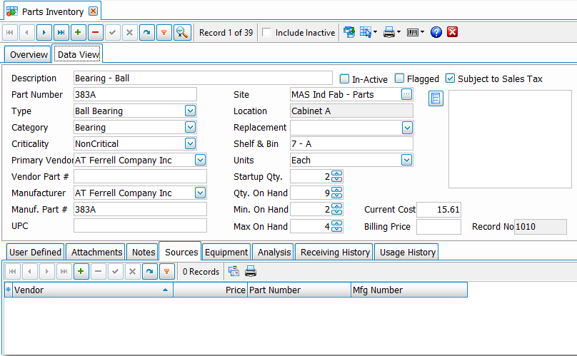 Parts Inventory Data View